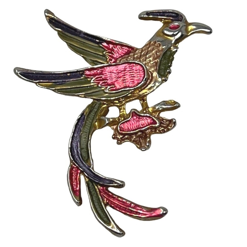 Vintage Enamel Phoenix Bird Brooch Pink Tran Green Gold‎ Tone Metal Pin